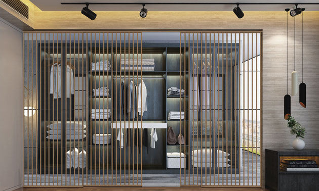 格栅门·金色拉丝边框配 金色格栅竖条+三条同色圆管横条39-1