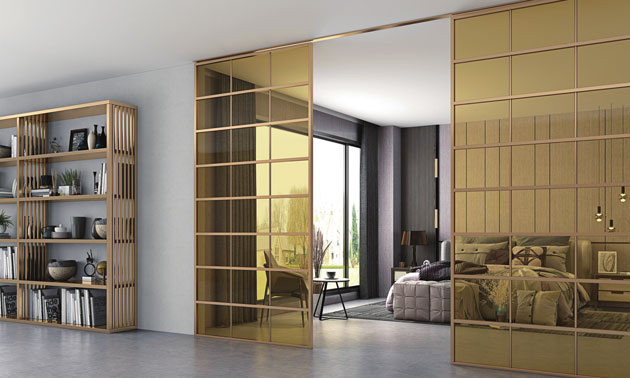 格栅门·金色边框配 茶玻+2条同色圆管竖条41-1